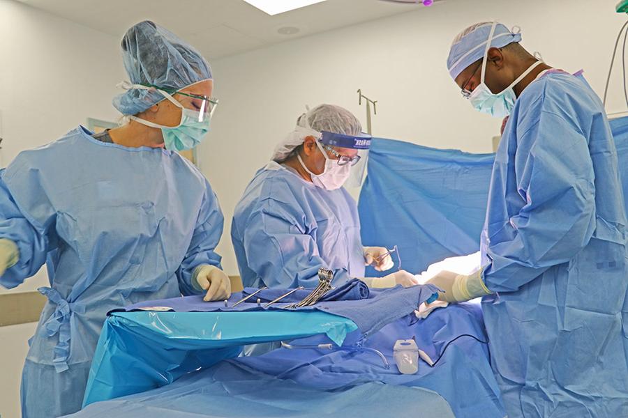 Student Surgical Technician works in simulated surgery in one of the operating room suites in the Health Science Simulation Center